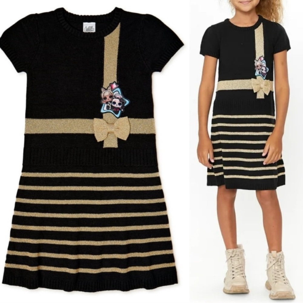 LOL Surprise! Girl’s black gold sparkle bow short sleeve sweater dress medium